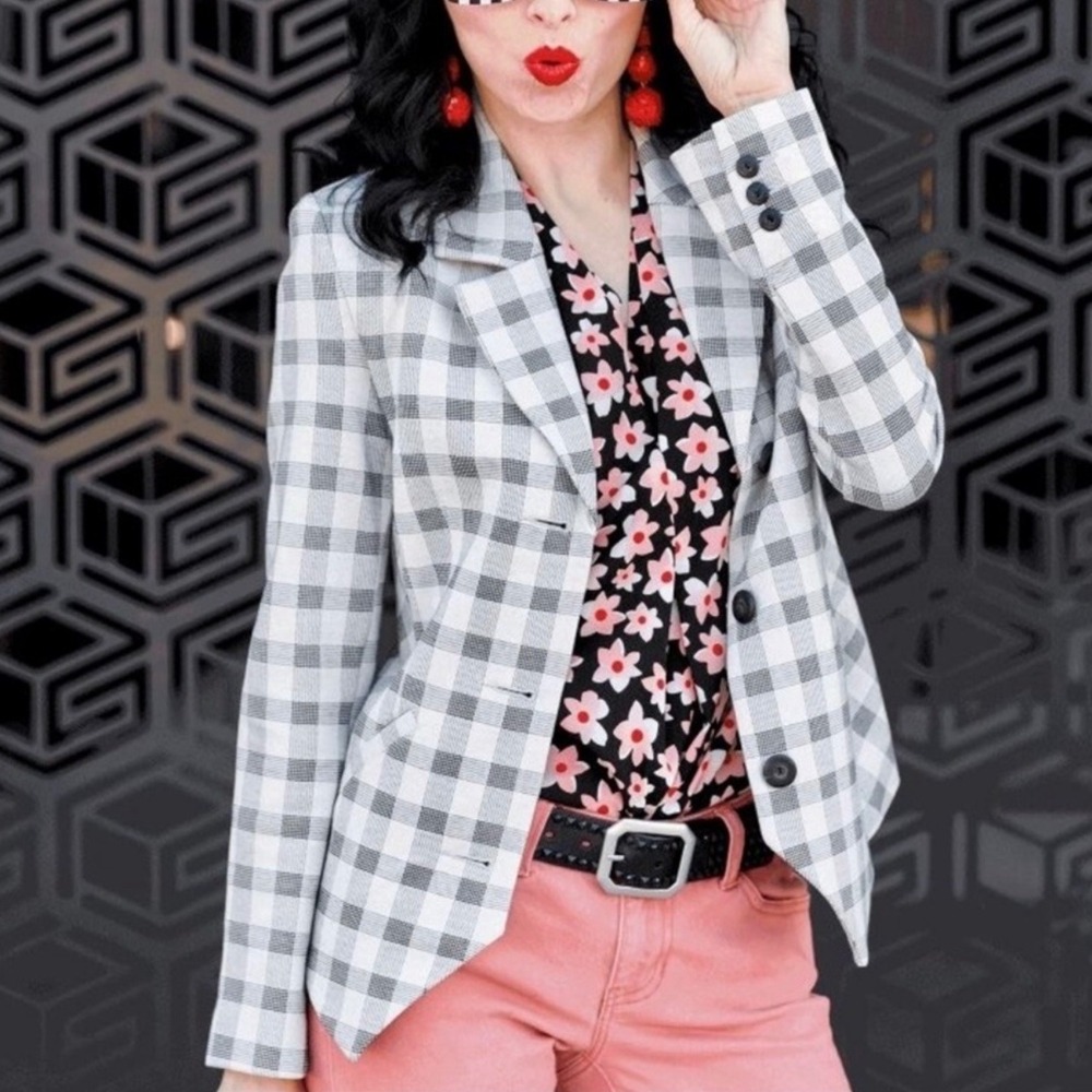 CAbi Gray Checker Plaid Valentina Blazer‎ Jacket Size 10